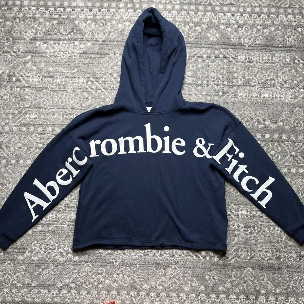 Abercrombie & Fitch Womens Logo Spell Out Cropped Hoodie Large Navy Blue READ - Picture 1 of 9